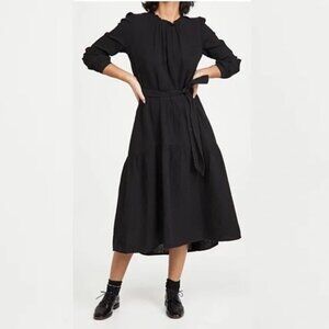 Xirena Luna Cotton Gauze Tiered Belted Ruffle Midi Dress Black Size MEDIUM
